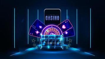 casinò online, banner con smartphone, carte da gioco, slot machine con luce al neon blu con lampade a linea prospettica blu intorno, illustrazione vettoriale realistica 3d. scena digitale blu e scura