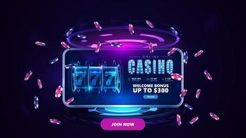 banner web di invito con pulsante, smartphone con slot machine sullo schermo e fiches da poker in scena con ologramma di anelli digitali vettore