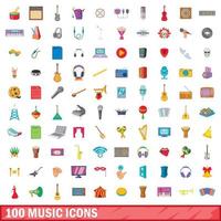 100 icone musicali impostate, stile cartone animato vettore