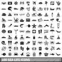 100 icone di vita marina, stile semplice vettore