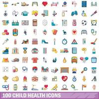 100 set di icone per la salute dei bambini, stile cartone animato vettore