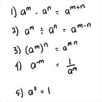 le proprietà della formula per i numeri di potenza. schema risolutivo. algebra. istruzione, lezioni di matematica, programmi scolastici. testo di matematica superiore. raggruppati e isolati su bianco. illustrazione vettoriale