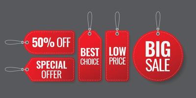 set di cartellini dei prezzi di vendita rossi, etichette di sconto, illustrazione vettoriale