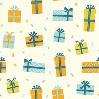 scatole regalo modello vettoriale in stile doodle disegnato a mano con coriandoli. sfondo senza soluzione di continuità con regali per la festa di compleanno. illustrazione per biglietti di auguri, inviti, poster.