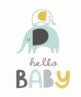 Ciao Baby. simpatico biglietto d'invito per baby shower con elefante. scritte disegnate a mano in stile scandinavo ritagliato. poster per la scuola materna, arredamento per la camera dei bambini, abbigliamento, abbigliamento. vettore