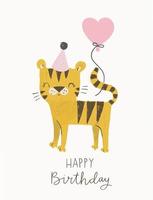 simpatica tigre di compleanno con un cappello da festa e un palloncino. illustrazione vettoriale di tigre divertente cartone animato per festa nella giungla, biglietti d'auguri, inviti, poster per la scuola materna, stampa artistica e abbigliamento per bambini.