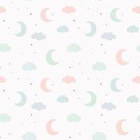 modello vettoriale del cielo notturno con stelle, nuvole e luna disegnate a mano. carino sfondo bambino senza soluzione di continuità in delicati colori pastello.
