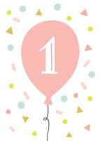 primo biglietto di auguri di compleanno con palloncino e coriandoli. illustrazione vettoriale per invito a una festa. compleanno dei bambini.