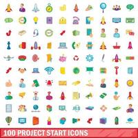 100 icone di inizio progetto impostate, stile cartone animato vettore