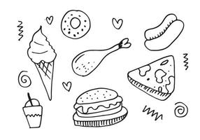 scarabocchio di fast food. icone disegnate a mano. stili di disegno a mano menu fast food. menu del ristorante. vettore