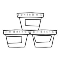 immagine monocromatica in bianco e nero, vasetti con vernici, spezie, salsa deliziosa, illustrazione vettoriale in stile cartone animato su sfondo bianco