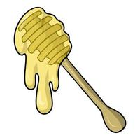 miele che gocciola da un bastoncino di miele, cucchiaio di legno per miele, illustrazione vettoriale in stile cartone animato su sfondo bianco