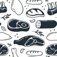 modello di prodotti a base di carne disegnati a mano. illustrazione disegnata in stile doodle vettore