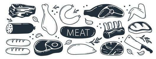 set di prodotti a base di carne disegnati a mano. illustrazione disegnata in stile doodle vettore