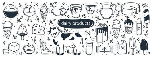 prodotti lattiero-caseari impostati in stile doodle disegnato a mano vettore