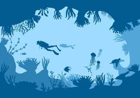 silhouette della barriera corallina con pesci e subacquei su sfondo blu mare illustrazione vettoriale subacquea