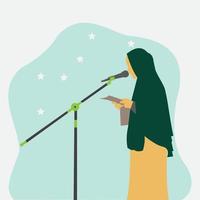 vettore del presentatore femminile hijab musulmano davanti al mix di stand