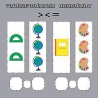 problema di matematica maggiore, minore o uguale. conta il numero di scuole di cartoleria dei cartoni animati e confronta. gioco di matematica educativo per bambini. vettore