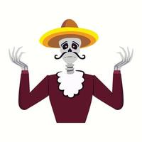 scheletro messicano divertente che scrolla le spalle e confuso su qualsiasi cosa. illustrazione vettoriale piatta isolata su sfondo bianco