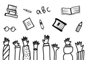 mani alzate lanciando attrezzi scolastici. concetto di fine scuola. semplice doodle disegnato a mano illustrazione isolato su sfondo bianco. vettore