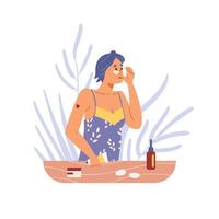 illustrazione vettoriale piatta per la cura della pelle e la routine di bellezza. donna che applica prodotti cosmetici detergenti e idratanti.