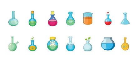 set di icone di bottiglia chimica, stile cartone animato vettore
