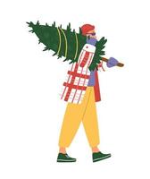 uomo che cammina portando albero di natale. illustrazione vettoriale piatta. isolato su bianco.