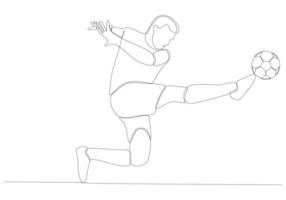 disegno a linea continua del calciatore maschio che calcia la palla. arte a linea singola di una giovane giocatrice di calcio femminile che dribbla e si destreggia con la palla. illustrazione vettoriale