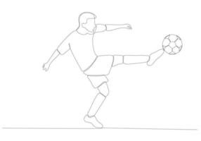 disegno a linea continua del calciatore maschio che calcia la palla. arte a linea singola di una giovane giocatrice di calcio femminile che dribbla e si destreggia con la palla. illustrazione vettoriale