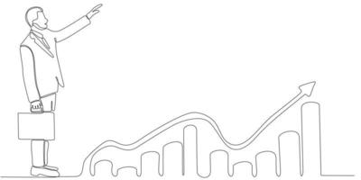 disegno a linea continua di uomo d'affari in cerca di opportunità di investimento in piedi sul grafico di crescita. vettore