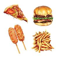 set di cibo spazzatura pizza hamburger patatine fritte corndog acquerello illustrazione vettoriale isolare su bianco