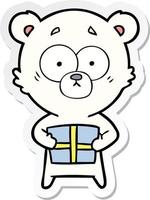 adesivo di un cartone animato nervoso orso polare con regalo vettore