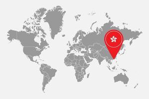 mappa pin con bandiera di hong kong sulla mappa del mondo. illustrazione vettoriale. vettore