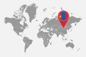 mappa pin con bandiera della Mongolia sulla mappa del mondo. illustrazione vettoriale. vettore