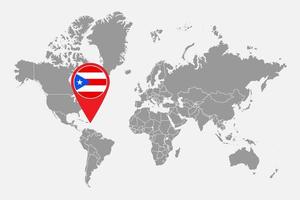 mappa pin con bandiera porto rico sulla mappa del mondo. illustrazione vettoriale. vettore