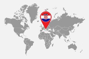 mappa pin con bandiera croazia sulla mappa del mondo. illustrazione vettoriale. vettore