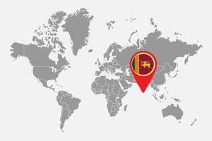 mappa pin con bandiera dello sri lanka sulla mappa del mondo. illustrazione vettoriale. vettore