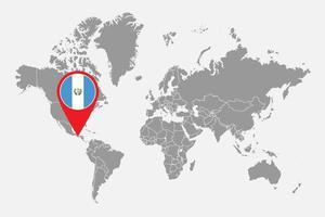 mappa pin con bandiera guatemala sulla mappa del mondo. illustrazione vettoriale. vettore