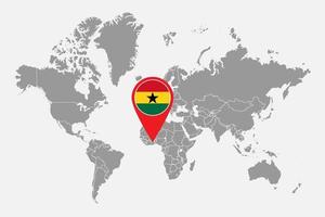 mappa pin con bandiera del ghana sulla mappa del mondo. illustrazione vettoriale. vettore