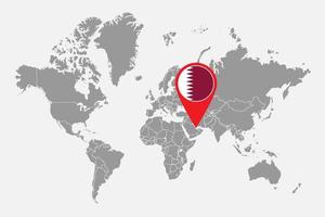 mappa pin con bandiera qatar sulla mappa del mondo. illustrazione vettoriale. vettore