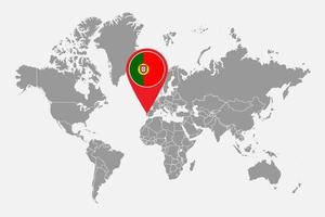 mappa pin con bandiera del Portogallo sulla mappa del mondo. illustrazione vettoriale. vettore