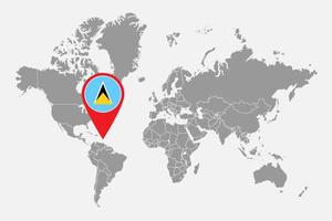 mappa pin con bandiera di santa lucia sulla mappa del mondo. illustrazione vettoriale. vettore