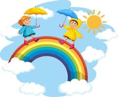 bambini che camminano sull'arcobaleno nel cielo vettore