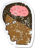 adesivo retrò in difficoltà di una testa di cartone animato con il simbolo del cervello vettore