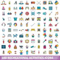 100 icone di attività ricreative impostate, stile cartone animato vettore