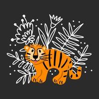 un simpatico cucciolo di tigre su uno sfondo di fiori vettore