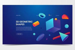 Design della pagina di destinazione di forme geometriche 3d su sfondo blu vettore
