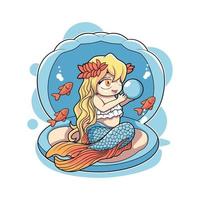 sirena carina adorabile che gioca con un disegno di illustrazione vettoriale di perle