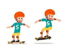 un ragazzo sorridente che gioca con il suo skateboard vettore