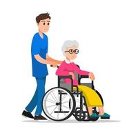 un infermiere che spinge una sedia a rotelle per una donna anziana vettore